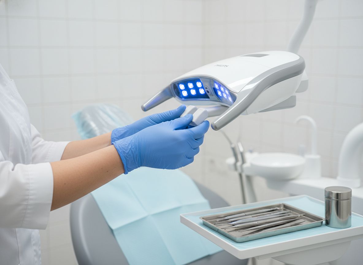 Dental professional setting up Zoom Teeth Whitening equipment at Dental 32 Fresh Smiles