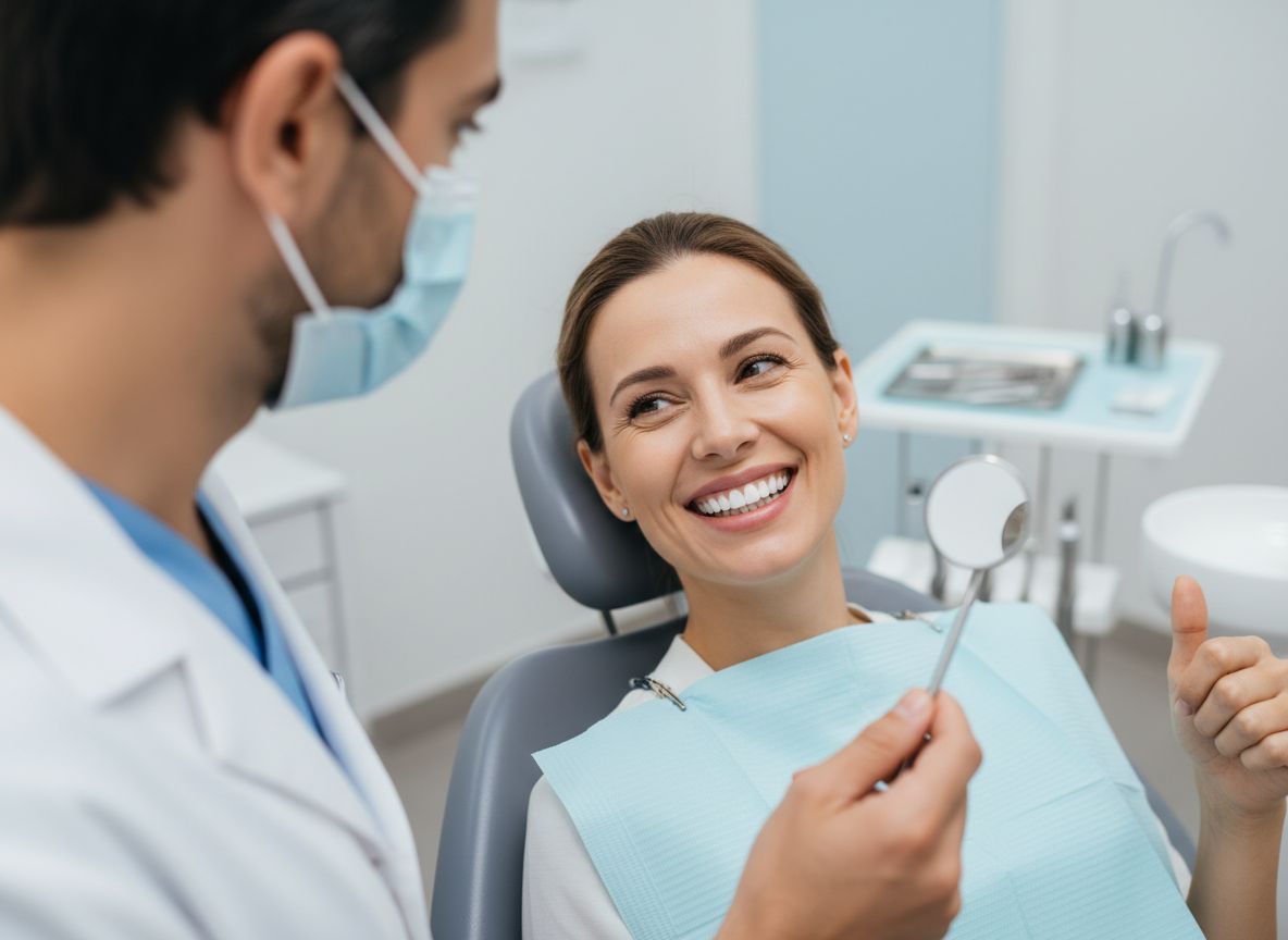 A dentist holding a mirror to show a patient their restored smile following a procedure for dental fillings in Ashburn VA.