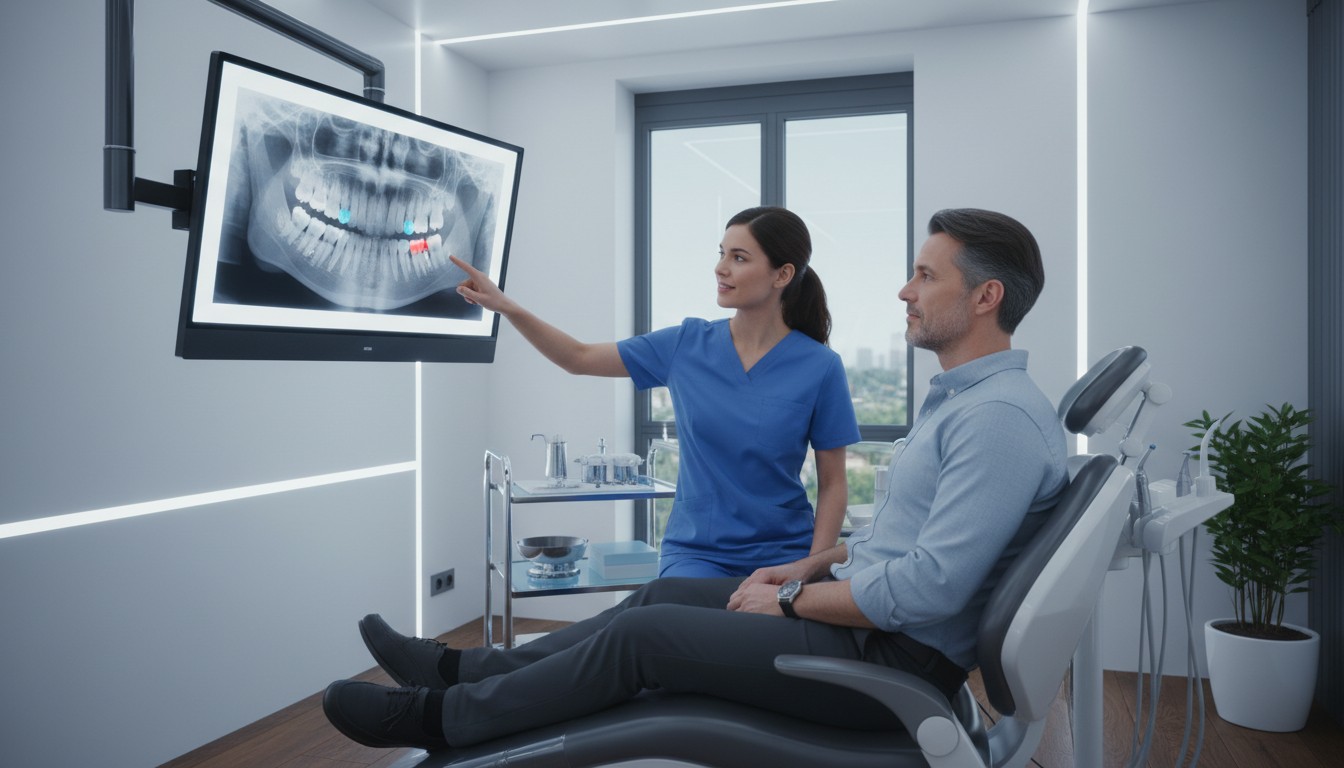 Emergency dentist consulting with a patient about urgent dental care near Potomac Falls VA
