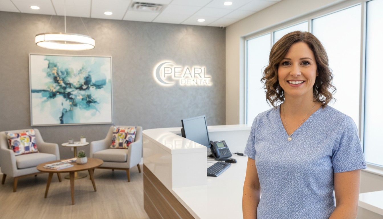 Friendly receptionist welcoming patients at Dental 32 Fresh Smiles serving Potomac Falls VA