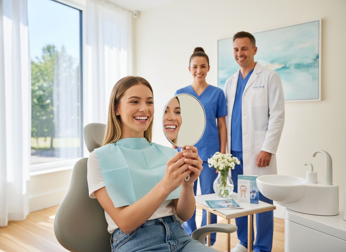 Patient admiring white teeth results following a professional whitening procedure