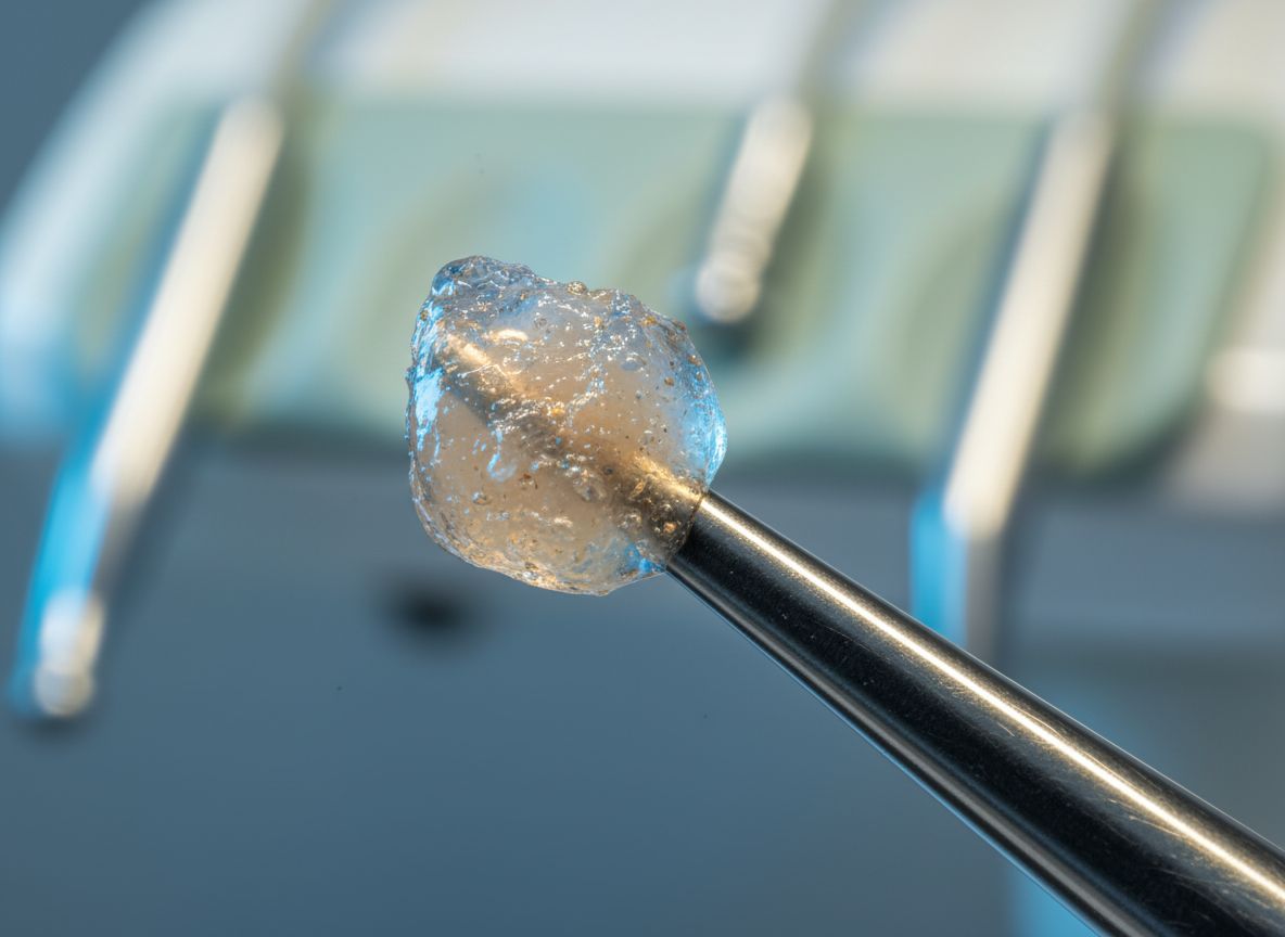 Macro shot of tooth-colored composite material used for modern dental fillings being prepared on a dental instrument.